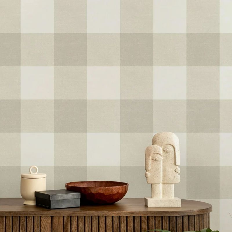 Papel de parede xadrez de guingão, papel de parede removível grande bege neutro para decoração de arte de parede de quarto, papel de parede autoadesivo