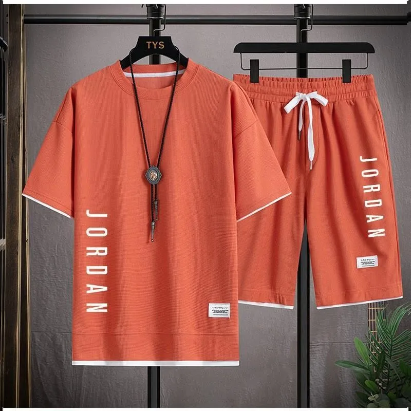 Conjunto de gofres de verano para hombre, camiseta informal de moda de marca + pantalones cortos, conjunto deportivo holgado, cómodo, para correr rápido, 2024
