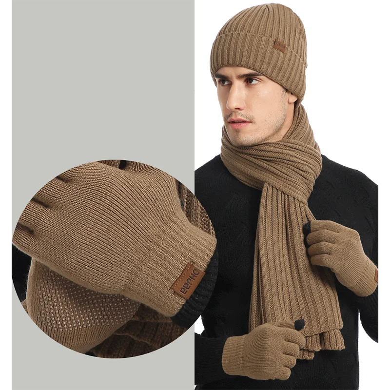 Autumn Winter Men Women Knitted Thickened Warm Wool HaT Scarf Glove 3 Piece Set