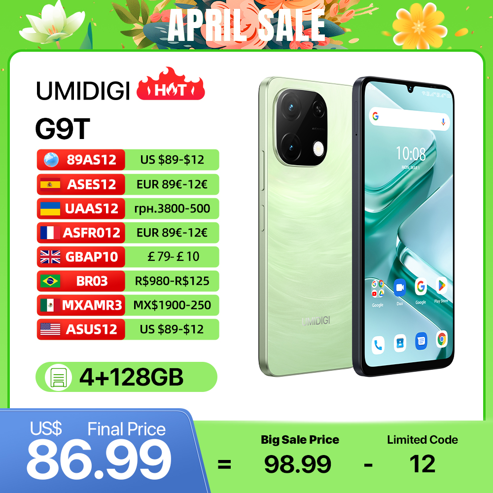 UMIDIGI G9T Android 14 Smartphone UNISOC T606 4GB 128GB 6.75” Water Drop HD+ Display 13MP Camera 5000mAh Battery 2SIM Cellphone
