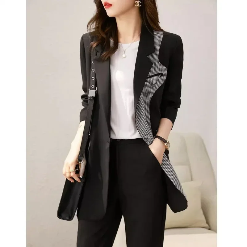 Fashion Plaid Contrast Blazer Coat Women Korean Loose Single-Breasted Suit Jacket Stitching Pocket Notched Collar Outerwear