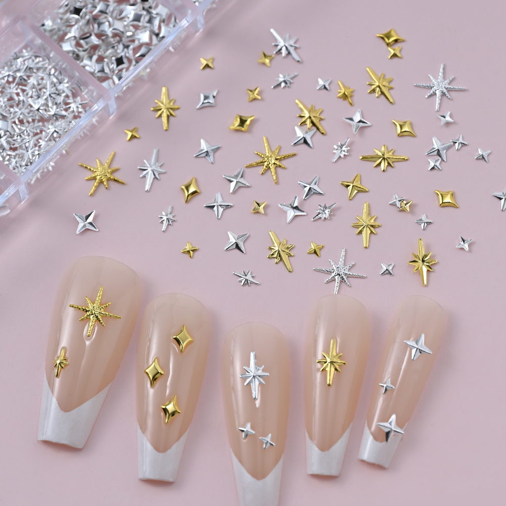 1000Pcs-12grids 3D Gold Silver Star/Cross Nail Rivet Studs Alloy Metallic Starlight Nail Charms Y2K 3d Cross/Star Manicure Rivet
