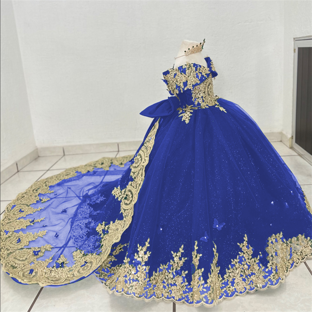 Königsblaues wunderschönes Blumenmädchenkleid mit Schleife, schulterfrei, goldene Applikationen, Kindergeburtstagsparty-Kleider, elegantes Kinderkleid