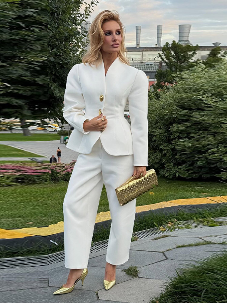 Elegante terno jaqueta calças definir feminino fino com decote em v manga puff um botão blazer sólido calça reta 2025 outono senhora escritório outfit