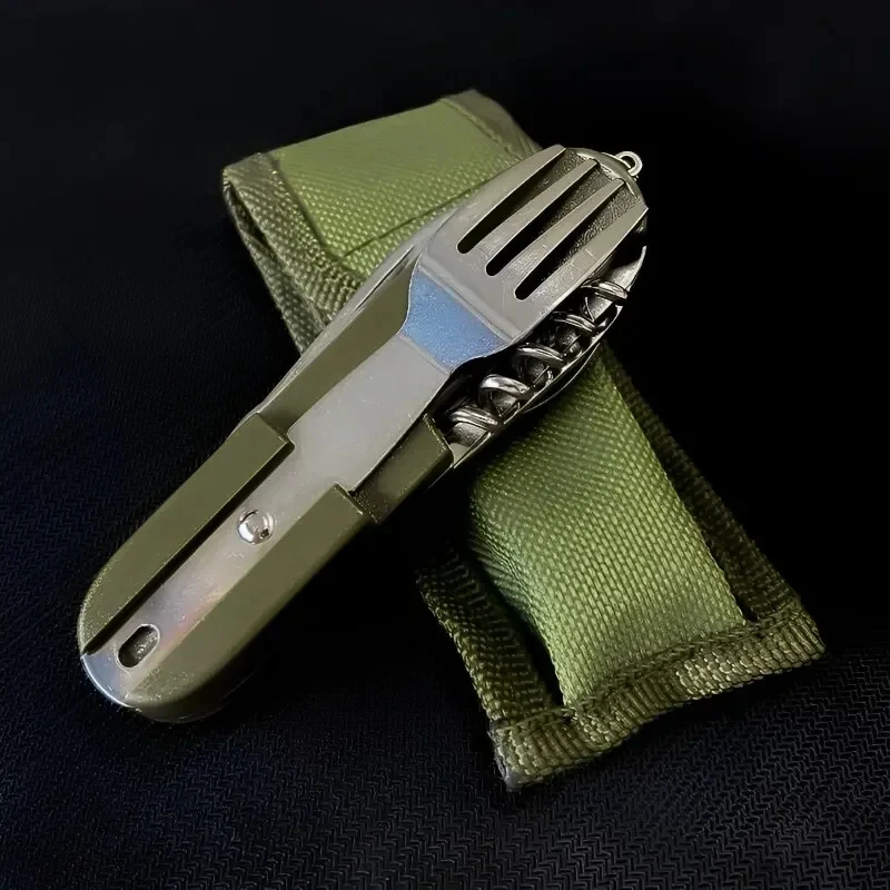 Set di posate da campeggio 7 in 1 in acciaio inossidabile, forchetta pieghevole, cucchiaio, coltello, stoviglie da esterno multifunzionali per picnic, escursionismo, viaggi