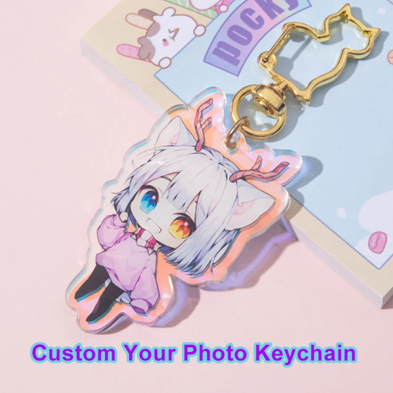 Custom พวงกุญแจการ์ตูน Llavero Key Chain Photo ที่กําหนดเองอะนิเมะ Charms โฮโลแกรมอะคริลิคใสส่วนบุคคล Designer พวงกุญแจ