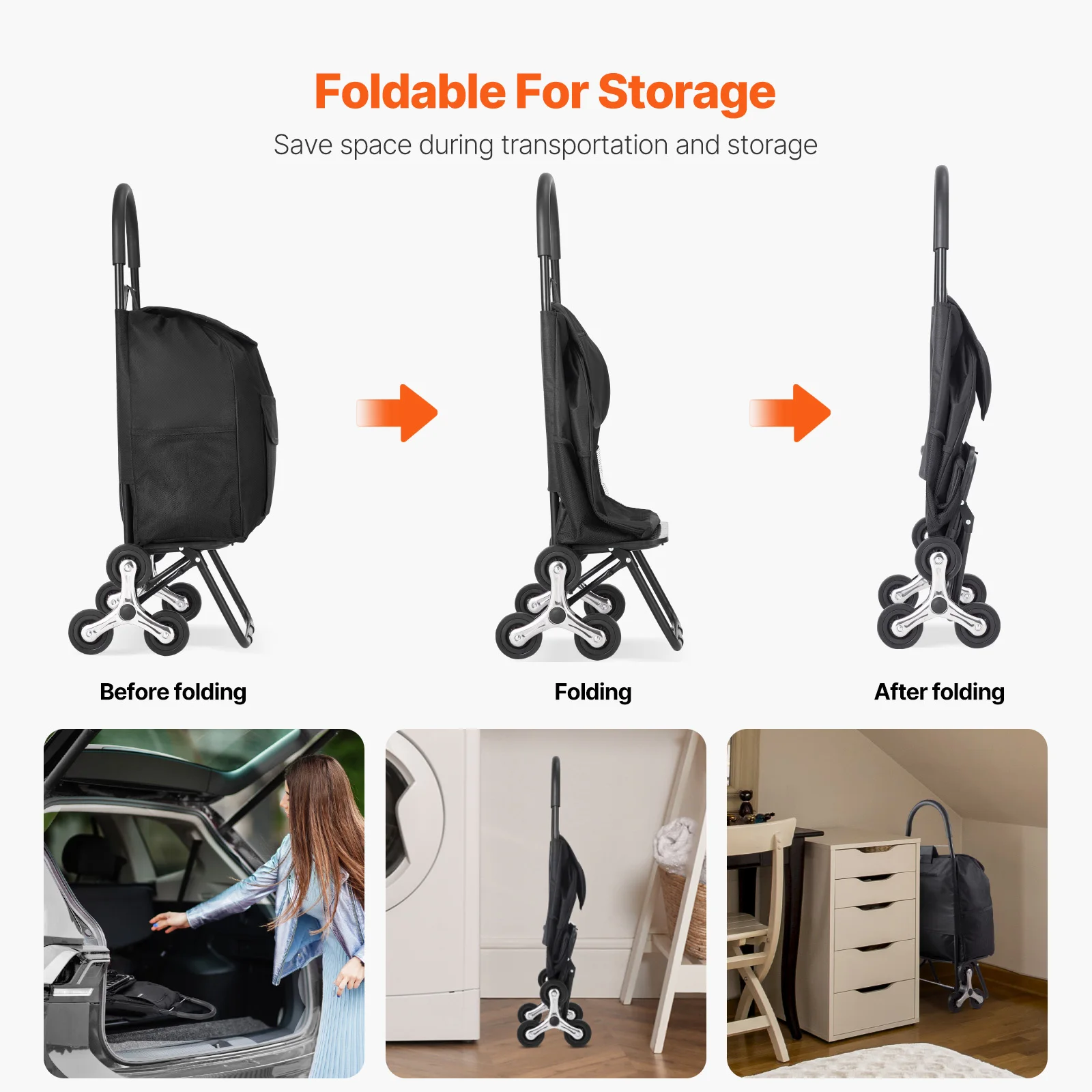 SucceBuy-carrito de compras plegable de 36L y 110 libras, carrito de compras extraíble a mano, almacenamiento portátil para el hogar, carrito de mano para escalar escaleras