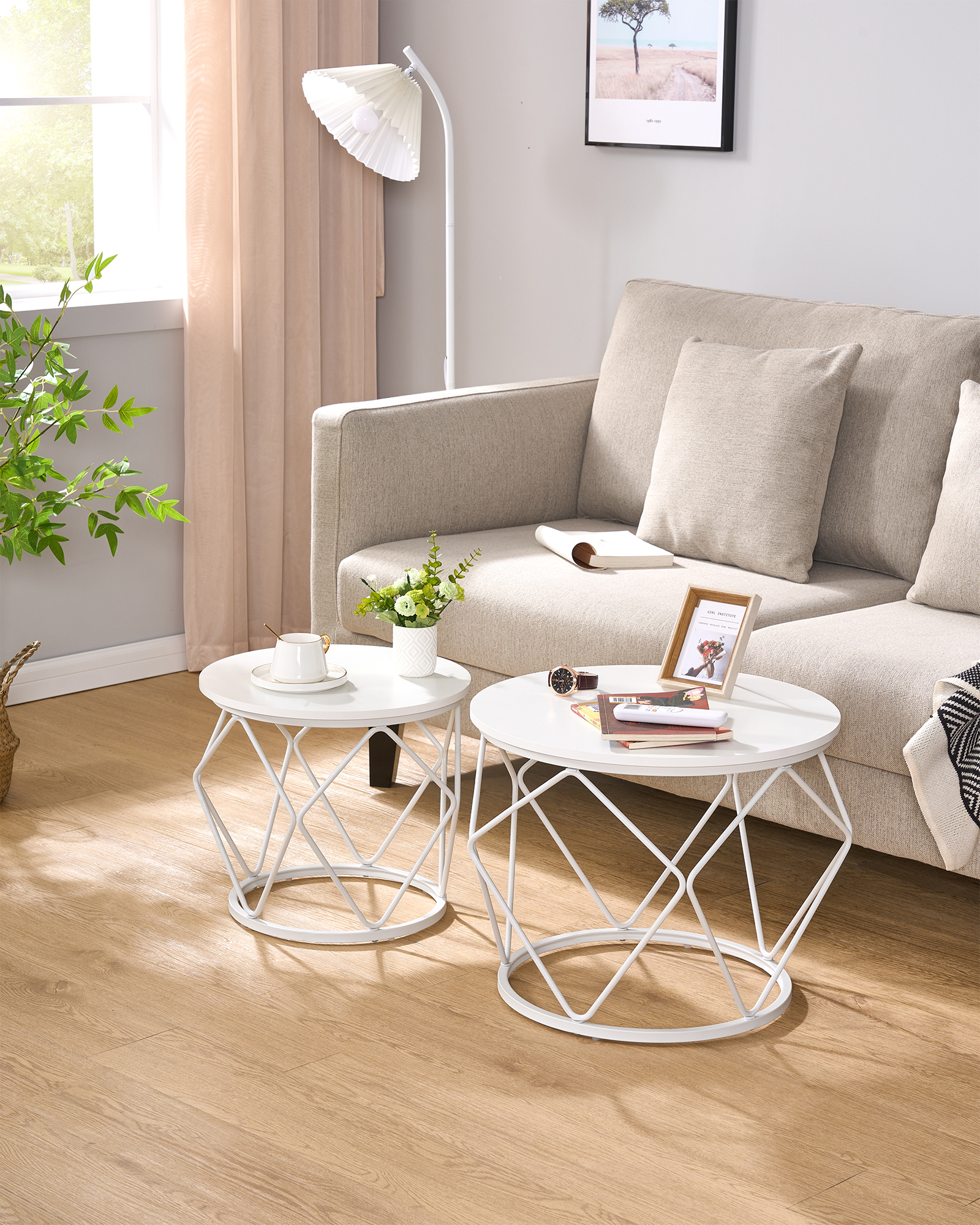 Hzuaneri Table basse ronde, lot de 2, tables d'appoint, ensemble de table d'appoint avec cadre en métal, petite table d'appoint pour salon, chambre à coucher