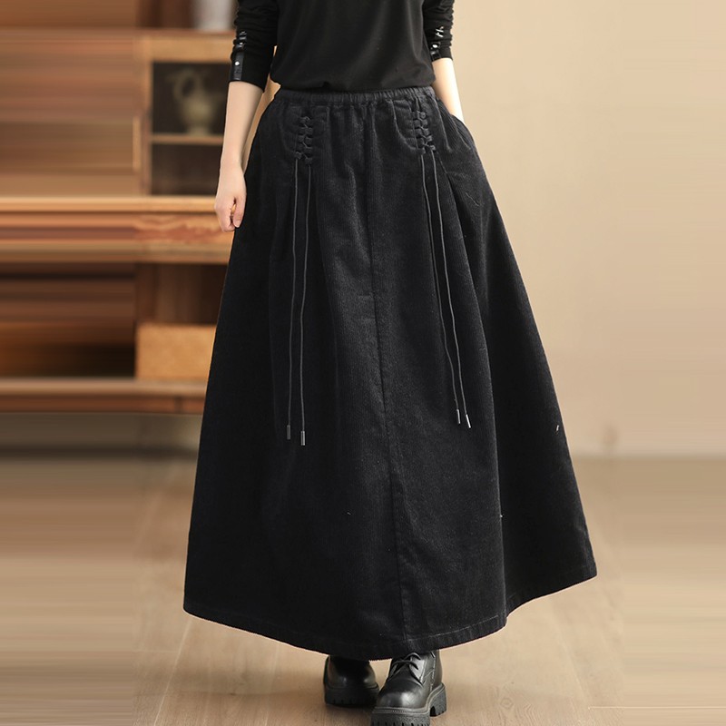 Falda de pana de cintura alta para mujer, novedad de Otoño de 2024, estilo Vintage, básicos de Color sólido, faldas largas informales para mujer B3967