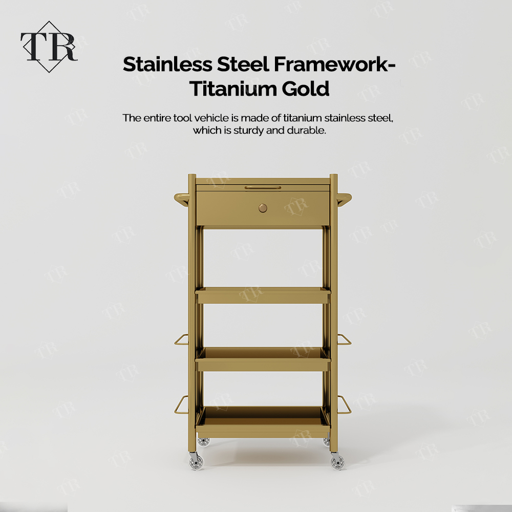 Turri 메이크업 트롤리 카트, 스테인리스 스틸 금속, 금도금 살롱, 이발사 트롤리, 래쉬 뷰티용 방향 바퀴 포함
