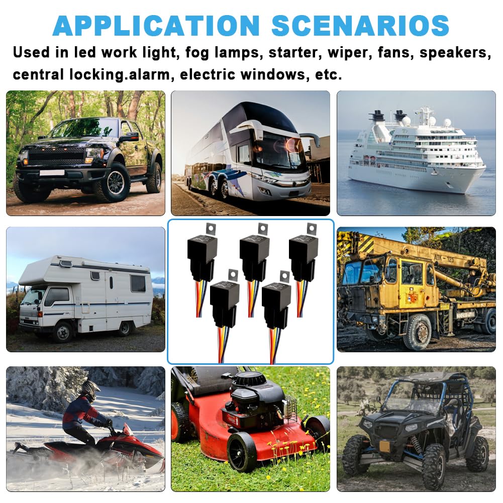 JD-1912 5 SZTUK 12V 5-pinowy przekaźnik samochodowy 40A z gniazdami SPDT, przewodami z oznaczeniem kolorów do samochodów ciężarowych, furgonów, motocykli i łodzi