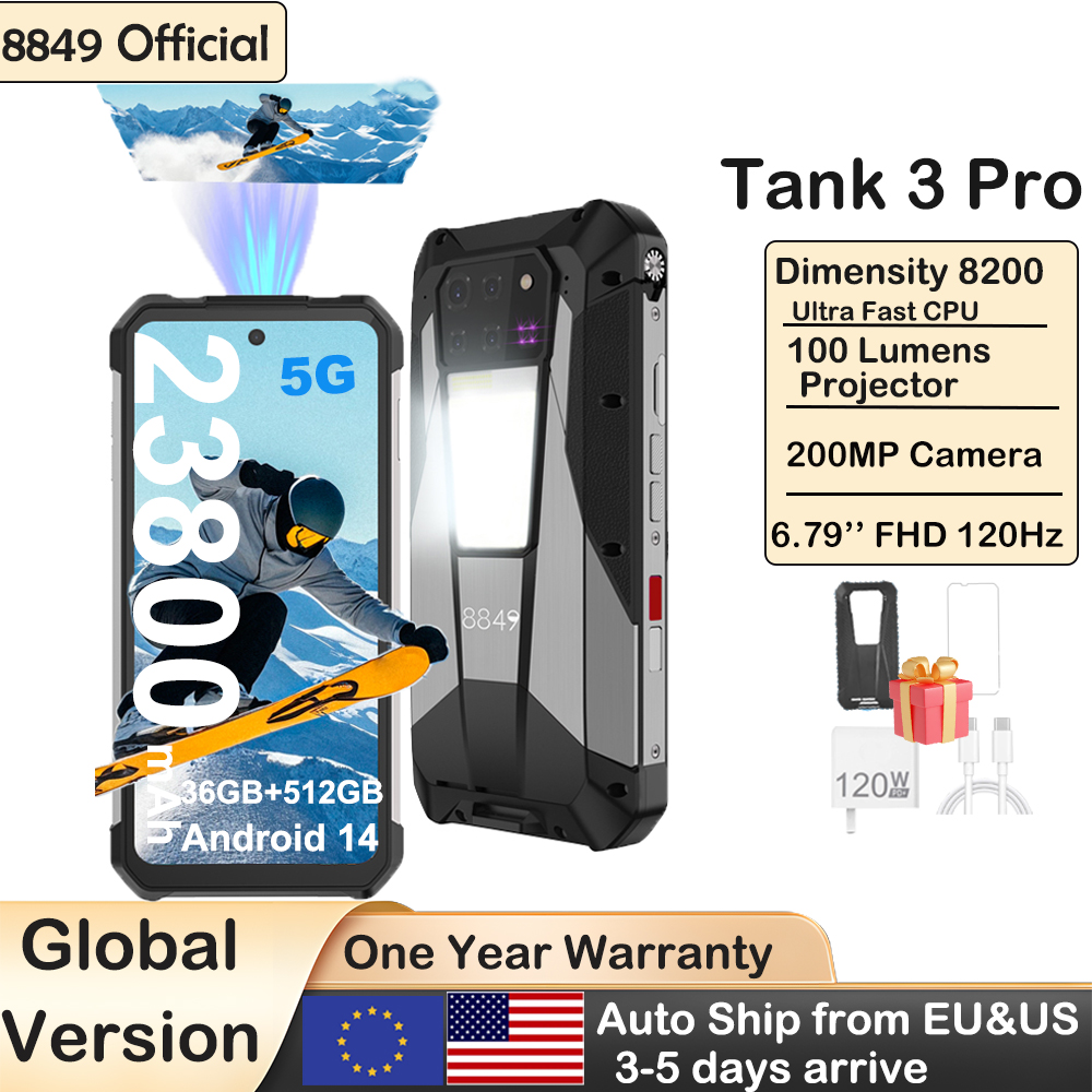 8849 Tank 3 Pro Unihertz Smartphone resistente 5G con proyector de 100 lúmenes 32/36GB 512GB 23800mAh Android 14 teléfonos móviles Dual Sim