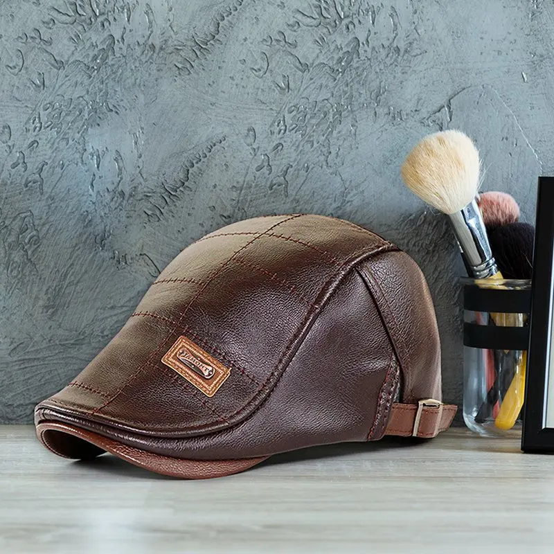 Retro Männer Leder Baskenmütze Hut Flache Kappe Männlich Herbst Winter Warm Einstellbar Hochwertige männer Britischen Stil Baskenmütze kappen