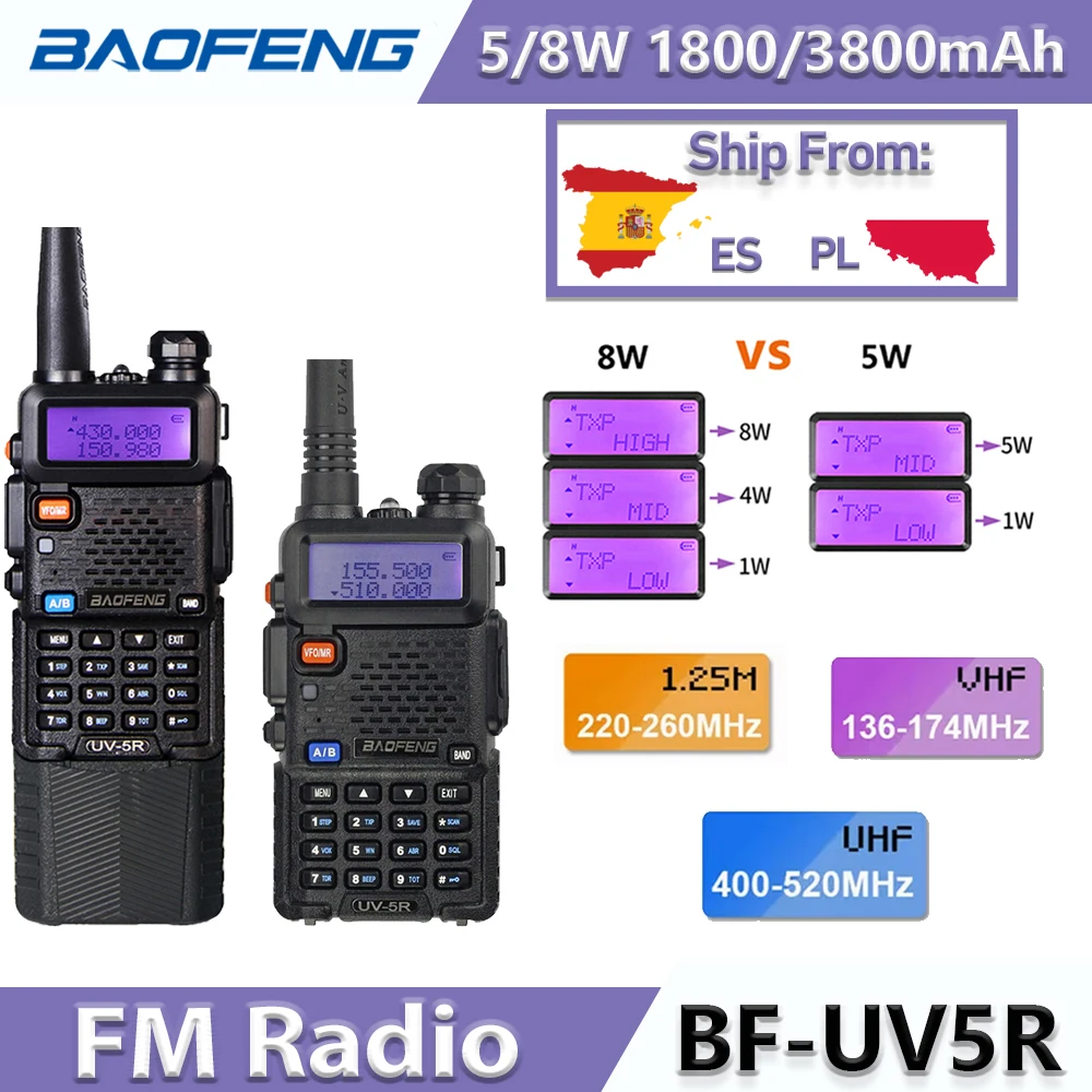Baofeng UV-5R 5W 8W Dual Band VHF UHF Ham Tragbares 136-174 & 400-520MHz 1800mAh 3800mAh Walkie-Talkie
