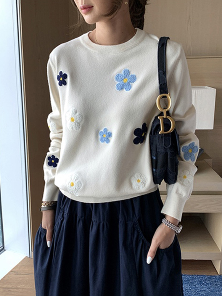 Koreanische floral stickerei pullover hohe qualität frauen elegant o hals gestrickte oberteile C-089