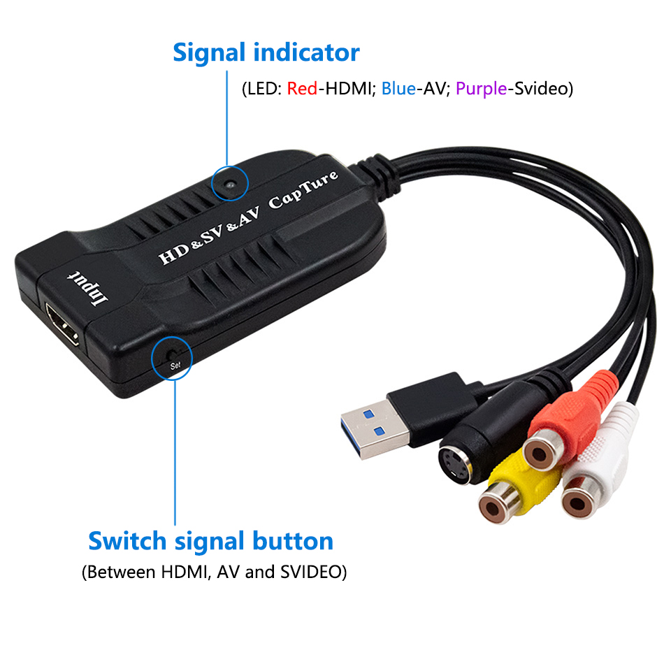 Карта видеозахвата USB2.0 HD/RCA/S-видео в USB-устройство захвата аудио-видео VHS в цифровой преобразователь для Hi8 DVD PS4