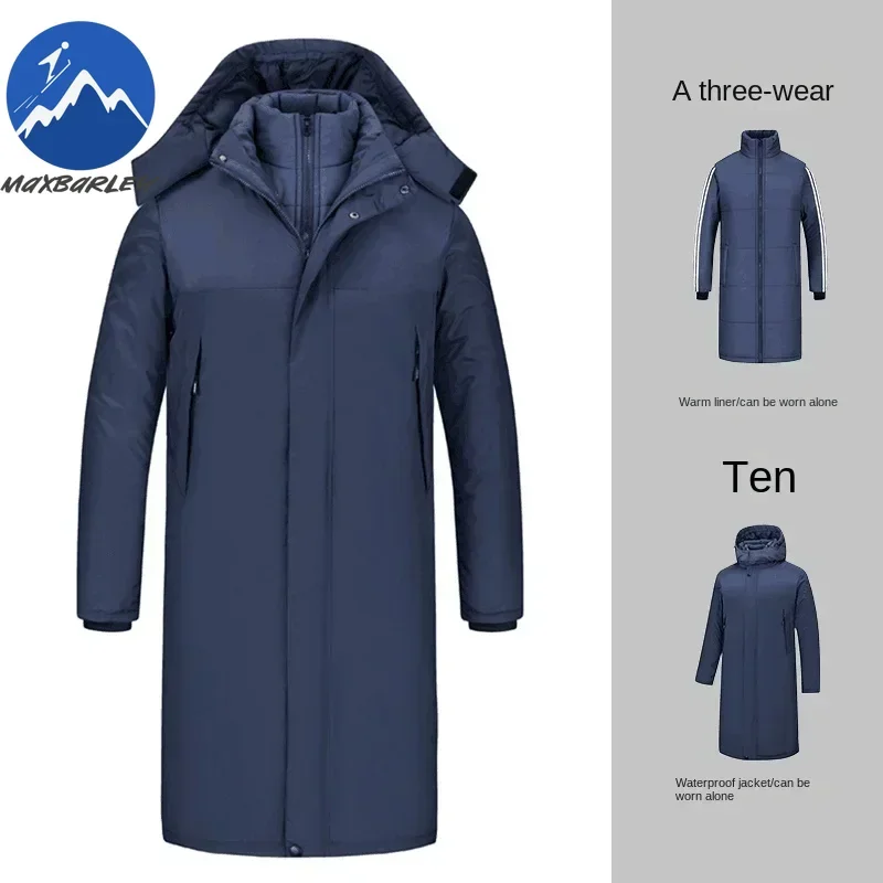 Inverno jaqueta longa masculina de luxo 3 1-em-1 removível conjunto de 2 peças quente acolchoado jaqueta neve impermeável grosso com capuz blusão parkas