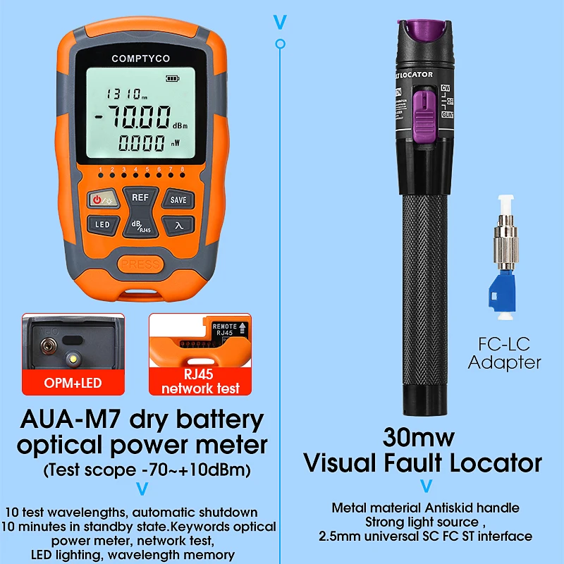 COMPTYCO AUA-M7/M5 optischer Leistungsmesser und 30 mW (lila) Visual Fault Locator AUA-7S Fiber Cleaver FTTH Fiber Optic Tool Kit
