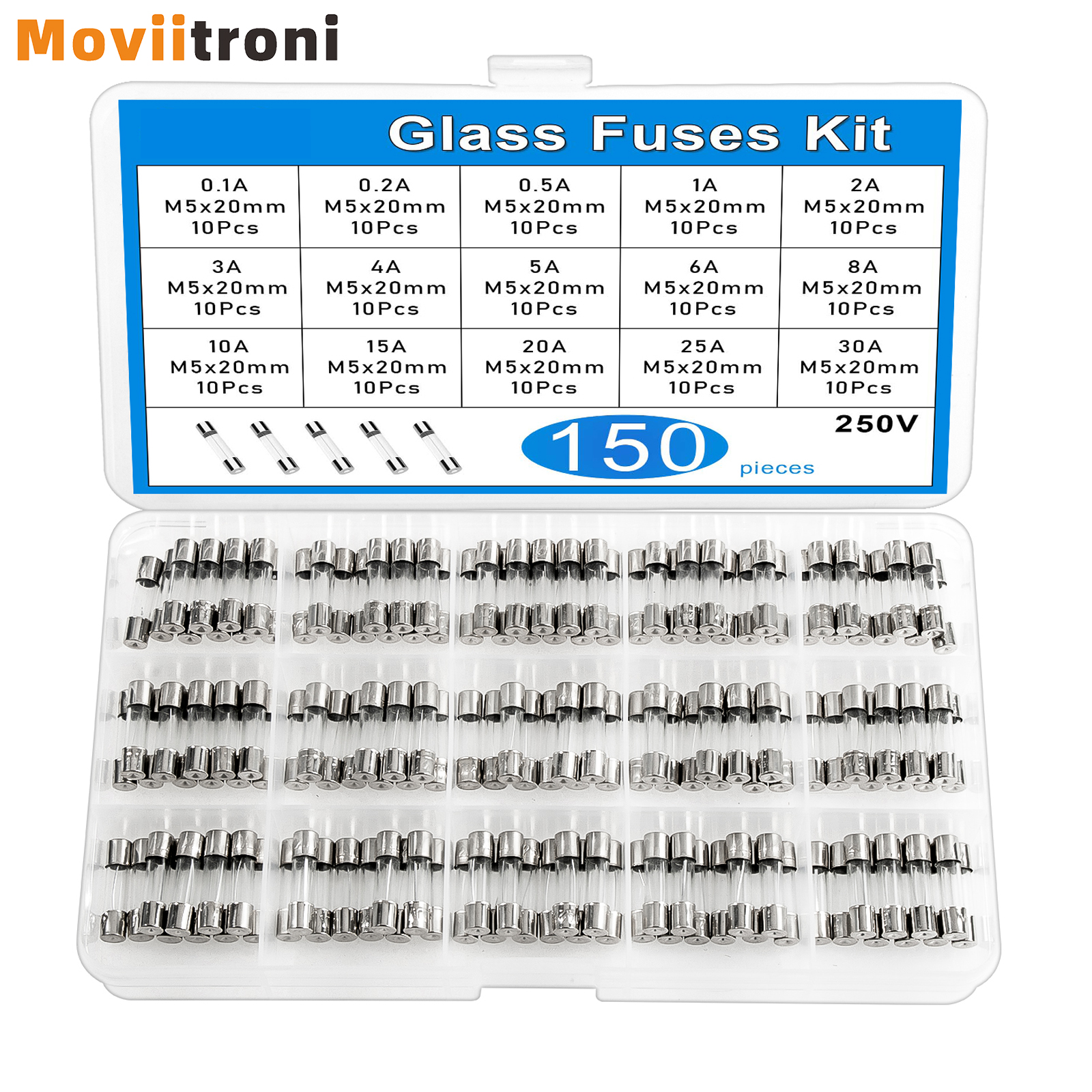 100/150 Stück flinke Glassicherungen-Sortiment-Set, 15 Werte, M5 x 20 mm, 0,1 A–30 A