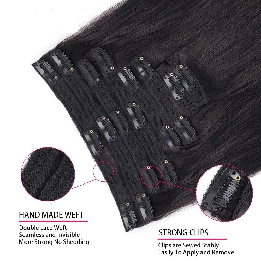 Grampo em extensões de cabelo em linha reta por conjunto com 18 clipes 120g trama dupla virgem 100% cabelo humano cor preta natural para mulher