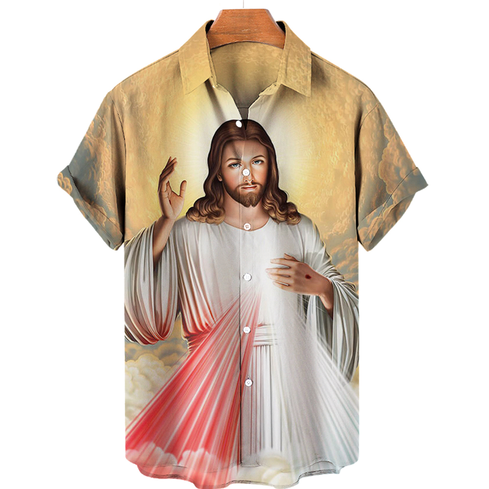 Gott Jesus Mary Hawaii-Hemden für Herren, gekreuzigte Religion, 3D-Druck, Harajuku, lässig, kurzärmelig, übergreifene Top-Kleidung, tropisch