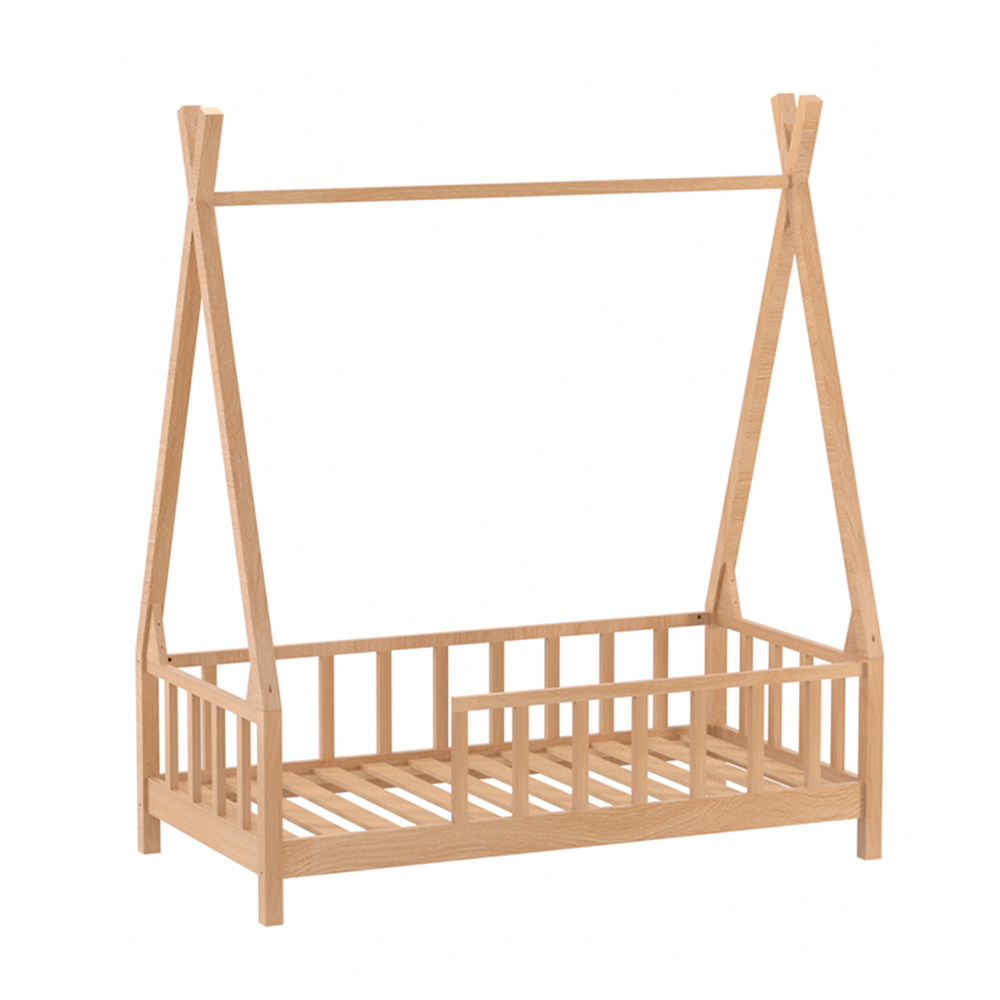Kid's Premium Pine Wood House Bed Frame with Fence,148cm W x 76cm D x 168cm H