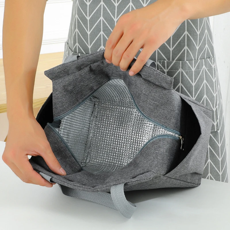 Saco de almoço impermeável de nylon com isolamento térmico, Grande capacidade, Bolso lateral duplo, Lancheira portátil, Sacos de armazenamento, Sacos de comida piquenique