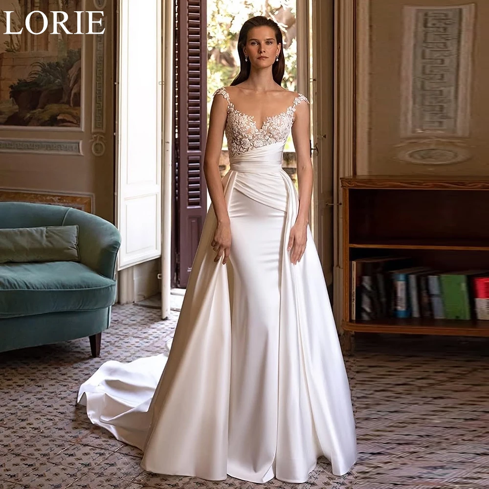 LORIE Elegant Satin Wedding Dresses Mermaid Scoop Draped Detachable Train Bride Prom Gown Lace Appliques Bridal Gowns Customized