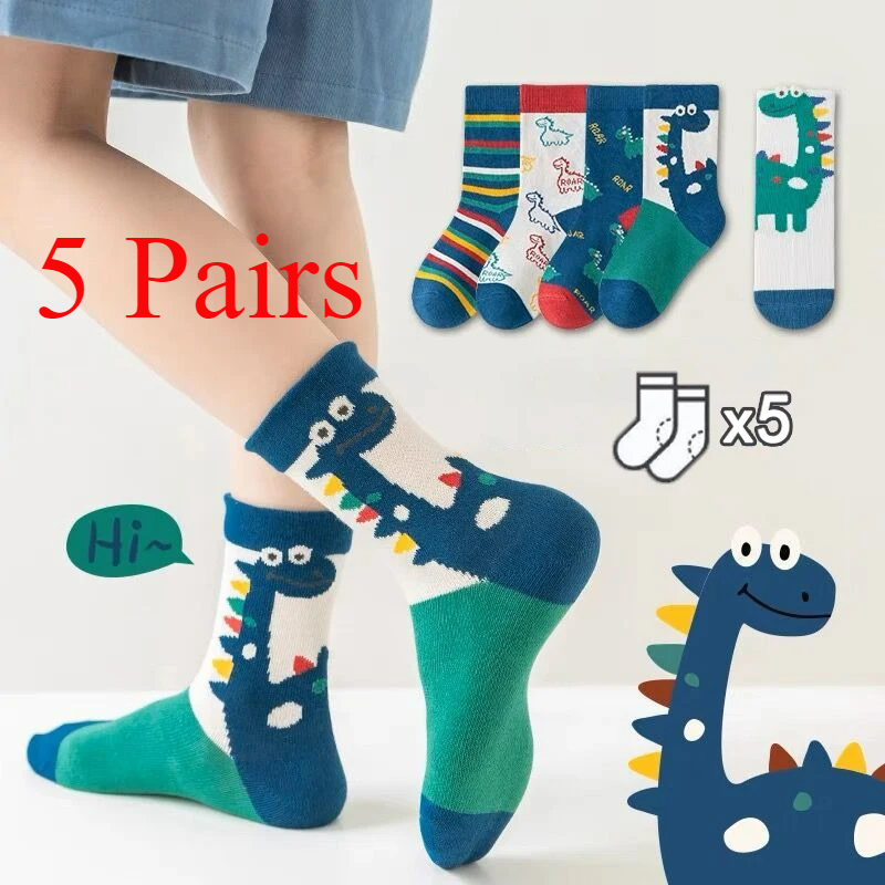 5 Pairs Autumn Winter New Style Children's Socks Mid-high Long Dinosaur Cartoon Design Boys Girls Baby Cartoon Socks Wholesale