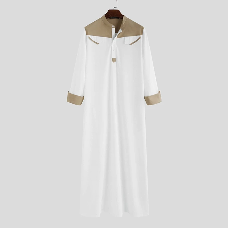 Hồi Giáo Thobe Thoải Mái Nam Caftan Dài Tay Màu Sắc Tương Phản Hồi Giáo Quần Áo Quan Cổ Hồi Giáo Áo Dây Cho Trung Đông