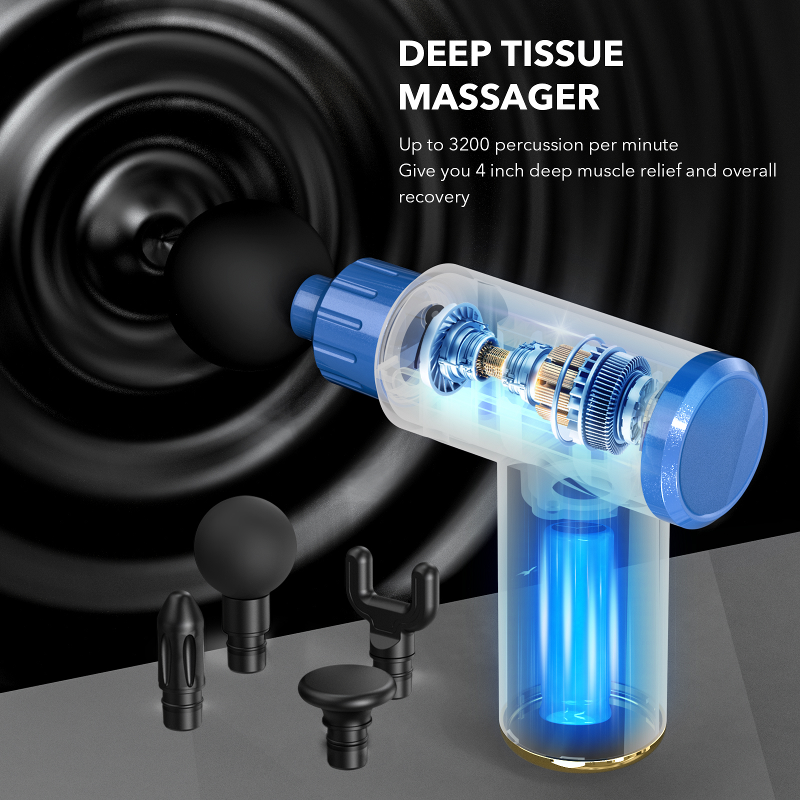 Sejoy portátil fáscia arma massageador de tecido mini massagem corporal leve com tela sensível ao toque led 4 cabeças de massagem substituíveis