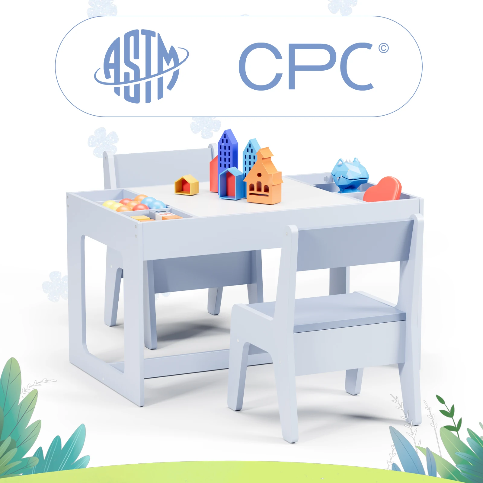 Set tavolo per bambini 3 in 1 in legno e 2 sedie con contenitore, tavolo da attività per bambini per ragazzi e ragazze