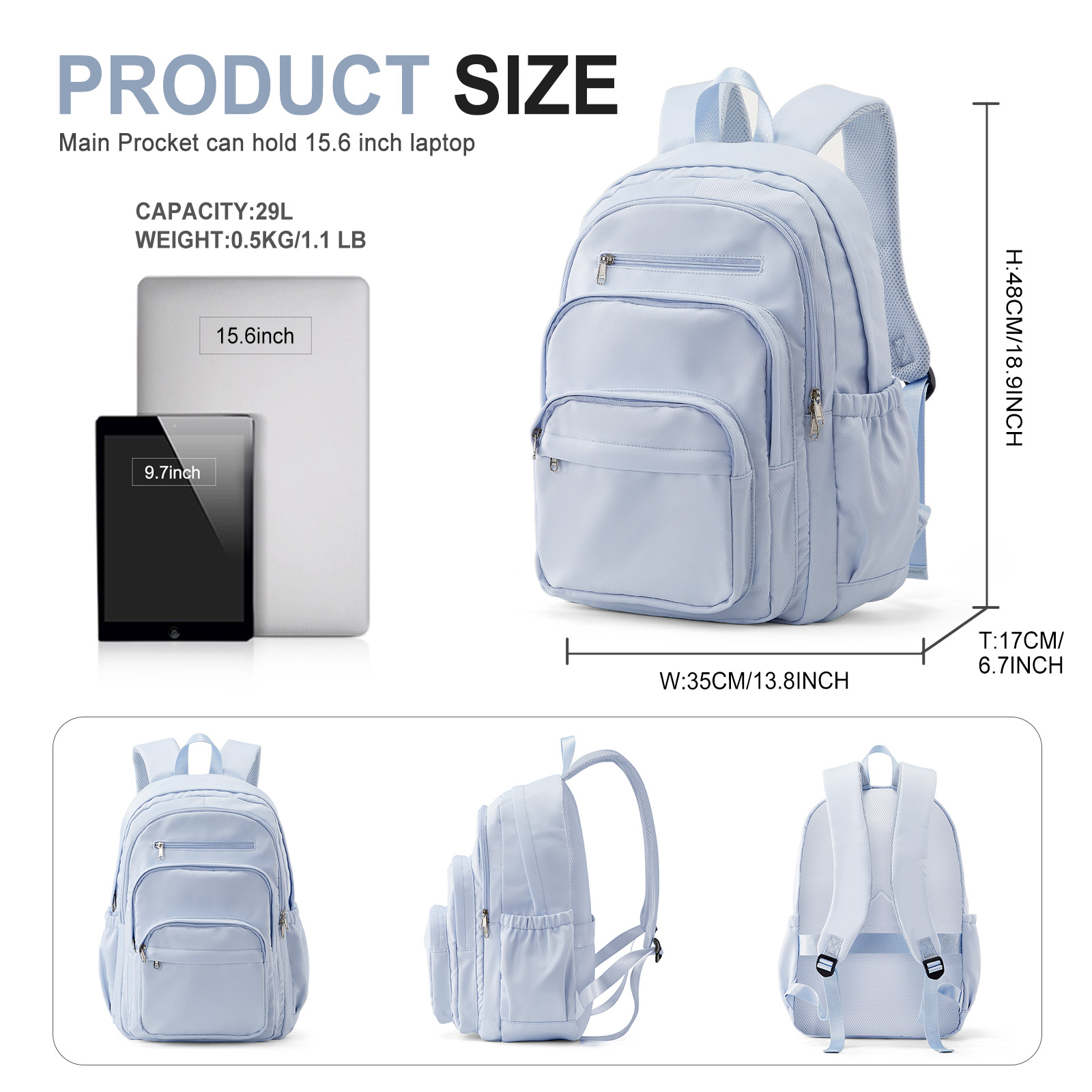 Mochila casual de nylon, mochila para mulheres, design com vários bolsos em azul claro durável para escola, ensino médio e mochila universitária