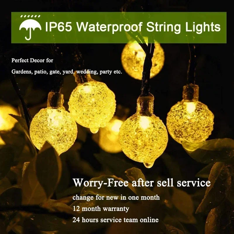 Solar String Lights Outdoor  Led Crystal Globe Lights with 8 Modes Waterproof Solar Patio Light for Garden Party Camping Light