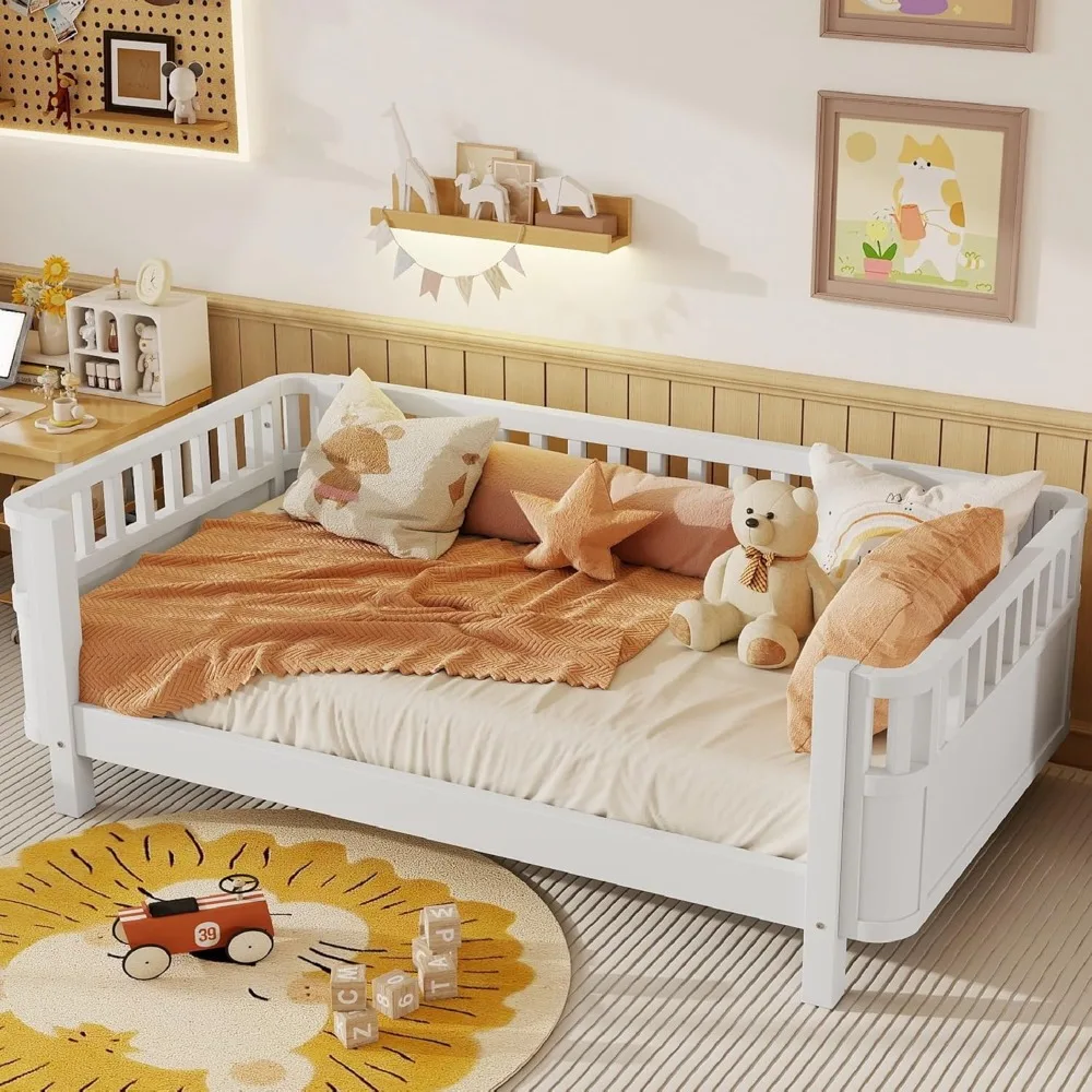 Full Size Wooden Floor Bed, Montessori Platform Bed Frame with Low Profile & Safety Rails, Space Saving Kids Beds for Boys Girls