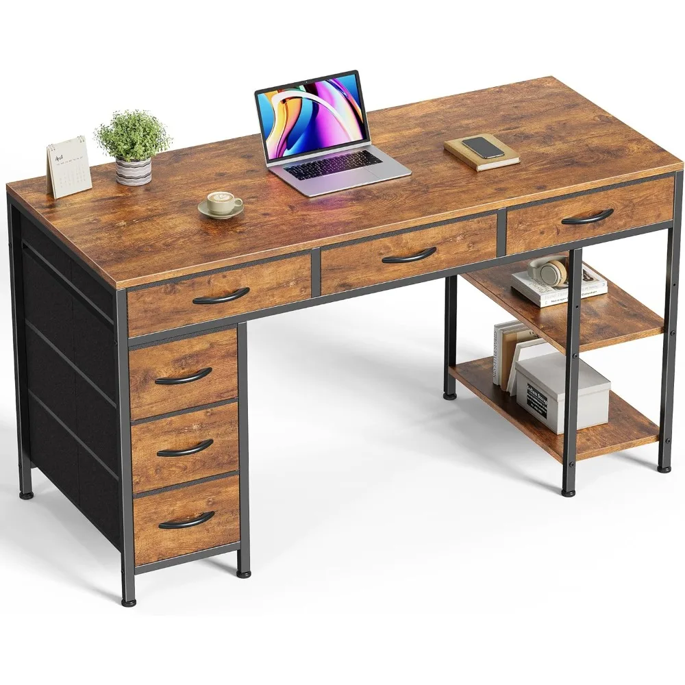 Computer Desk with 6 Drawers, 47 Inch Office Desk with Shelves, Computers Desks