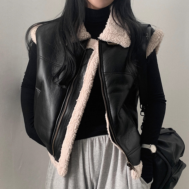 シックな秋冬レトロユニークなラペル Pu レザー毛皮のベストジッパールーズ女性のジャケット通勤スタイル長袖フリップ襟