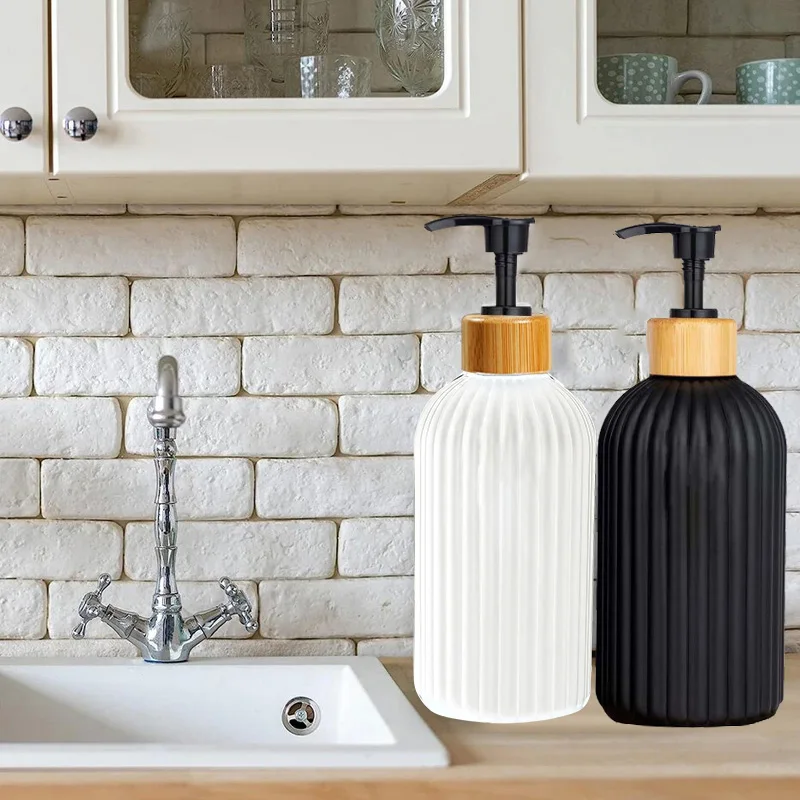 Strip Soap Dispenser com Bomba de Bambu, Garrafa Recarregável, Shampoo Condicionador, Loção, Lavagem Corporal, Recipiente Vazio para Banheiro, 500ml