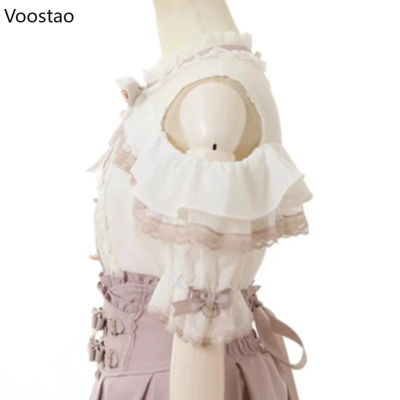 女性の愛の心の弓オフショルダーブラウス、日本の愛らしいロリータブラウス、女の子のためのjkシャツ、カジュアルレースフラップトップ、エレガント