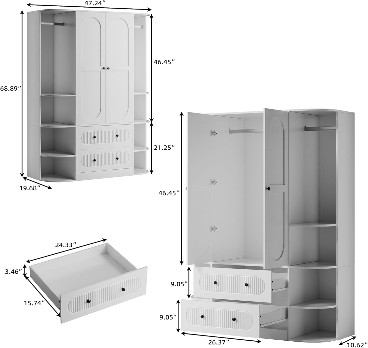 69' Fluted White Wooden Wardrobe with 2 Doors, 3 Rods, 2 Drawers, 6 Shelves Warm home