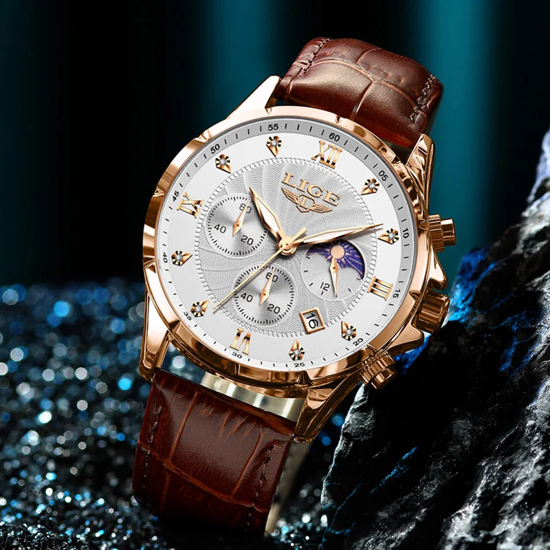 Relojes LIGE para hombre, reloj de negocios informal, reloj de pulsera con cronógrafo luminoso y resistente al agua de lujo para hombre, reloj de cuarzo, reloj de cuero