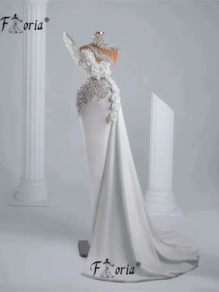 Luxe ivoor parels kralen zeemeermin bruiloft evenement jurk met zijstaart aangepaste elegante Dubai vrouwen formele avondjurken 2025