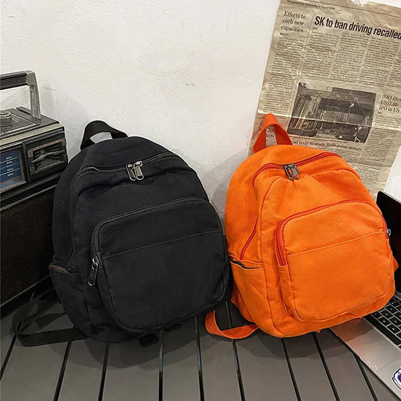 กระเป๋าผ้าแคนวาสสำหรับสตรีกระเป๋าเป้สะพายหลังขนาดเล็กวินเทจ tas ransel MINI ใส่ไปโรงเรียนสีพื้น
