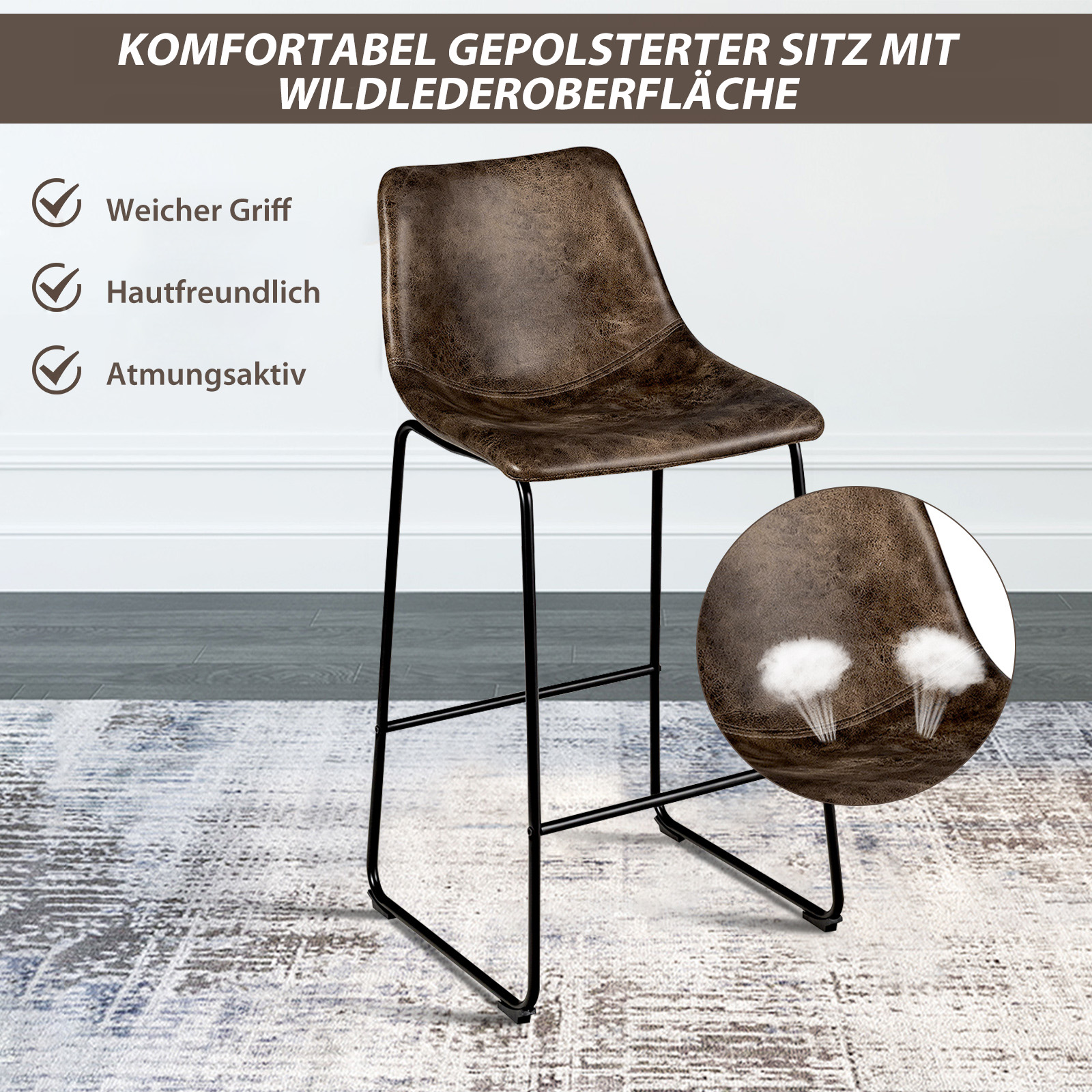 2 er Set Barhocker, Barstuhl aus Holz mit Rücklehne, Tresenhocker mit Metallbeinen & Fußstütze Sitzhöhe 75 cm, Küchenstuhl