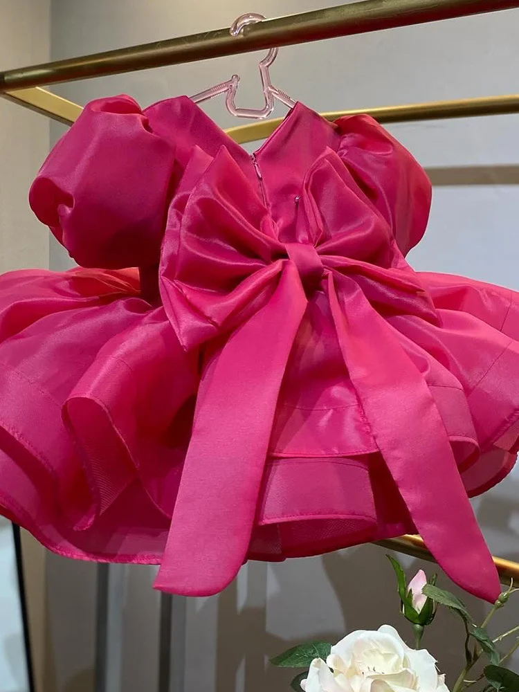 หรูหราชุดสาวดอกไม้ Rose Red Bubble Sleeve Party เสื้อผ้าเด็กน่ารักวันเกิดชุดชุดแต่งงานเสื้อผ้า