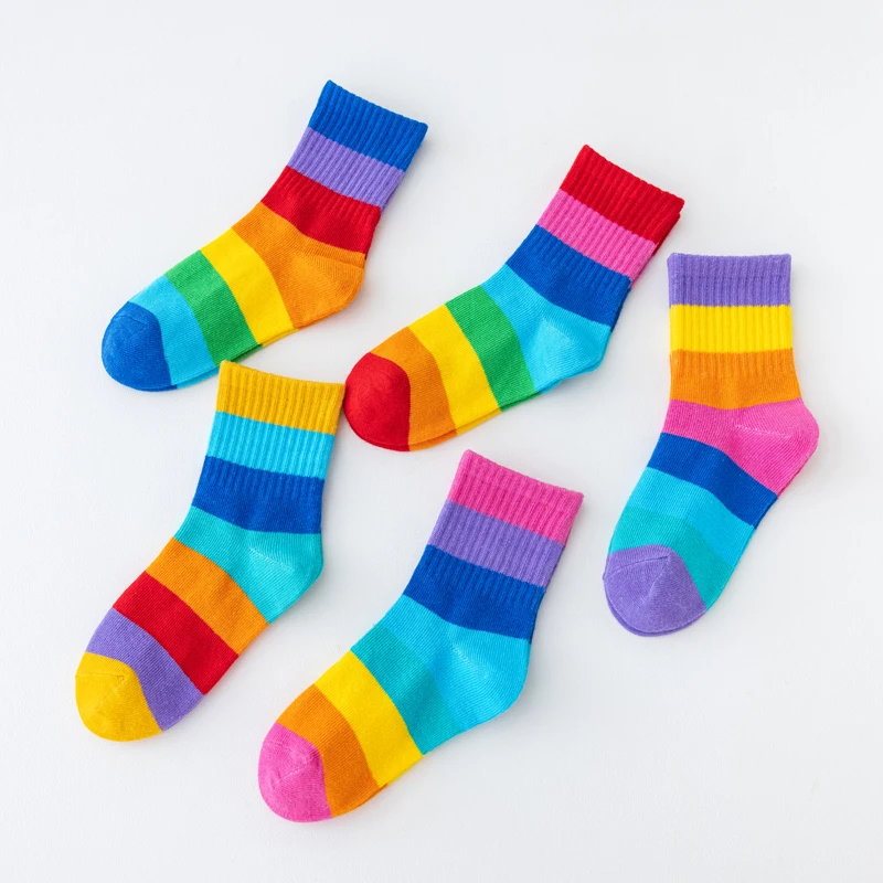 5 pares de calcetines con estampado de arcoíris para niña, calcetines suaves y transpirables cómodos de algodón para niños