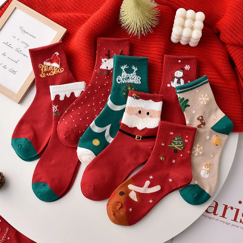 女性用の厚手のカシミヤソックス,5ペア,ランダム,ミドルチューブ,クリスマスギフト,秋冬,卸売