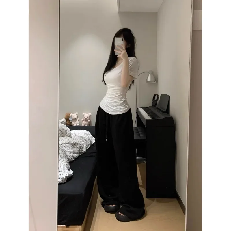 Deeptown 여성용 그레이 스웻팬츠 와이드 레그 팬츠, 캐주얼 오버사이즈 스포츠 바지, 한국 패션 스트리트웨어, 빈티지 스트레이트 조거