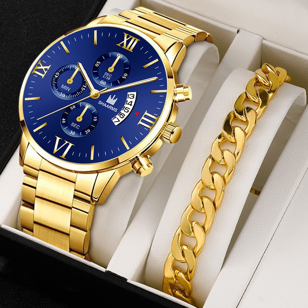 Montre à quartz en acier inoxydable pour hommes, faux trois yeux, six broches, calendrier, ceinture, affaires, mode