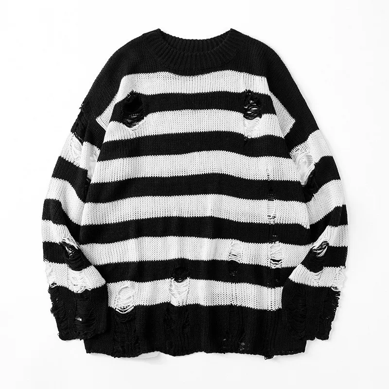 2023 gestreifte Pullover Punk Unisex Pullover Herbst Aushöhlen Loch Gebrochen Jumper Lose Übergroßen Pullouvers Harajuku Streetwear
